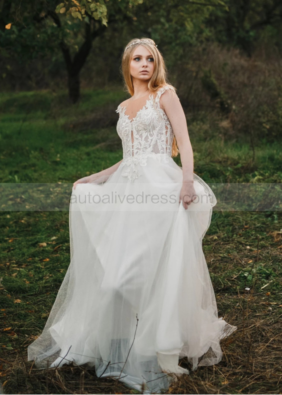 Cap Sleeves Beaded Ivory Lace Glitter Tulle Wedding Dress